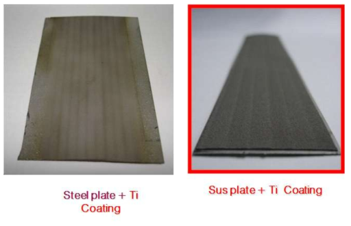 Steel plate 위에 Ti 코팅 (좌), Sus 304 plate 위에 Ti 코팅 (우)