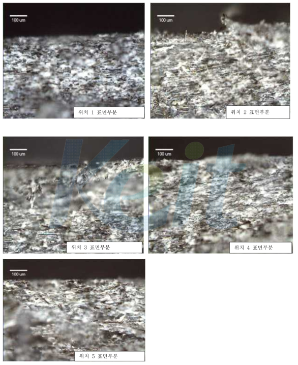 PPS/LCP/CF 45/15/40 blend 인장시편 위치별 표면부분 광학현미경 사진