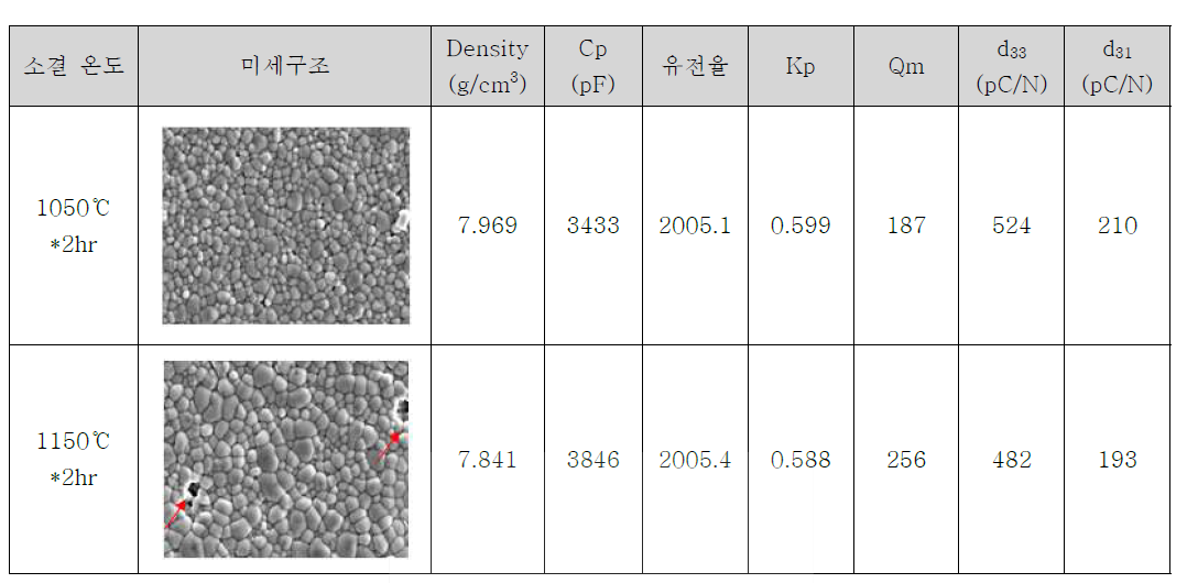 소결 온도에 따른 Microstructur, 유전 및 압전 특성