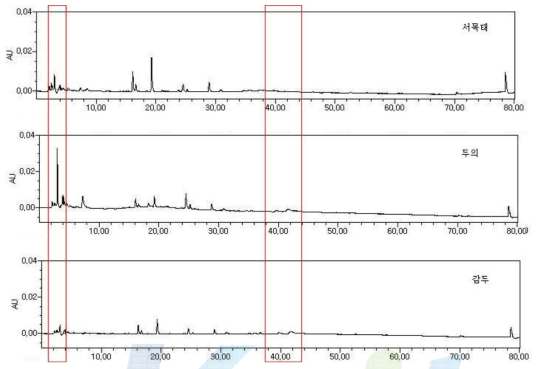 미백효과 콩 포제품의 HPLC 크로마토그램