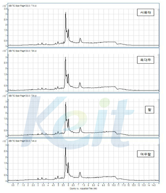 콩 포제품 (서목태, 흑대두, 팥, 여우팥) 의 TIC Chromatogram