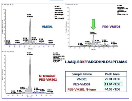 질량 분석 기술을 이용한 VM501 chymotryptic digest peptide, AAQLRDKFPADGDHNLDSLPTLAM의 비교 정량 분석 결과