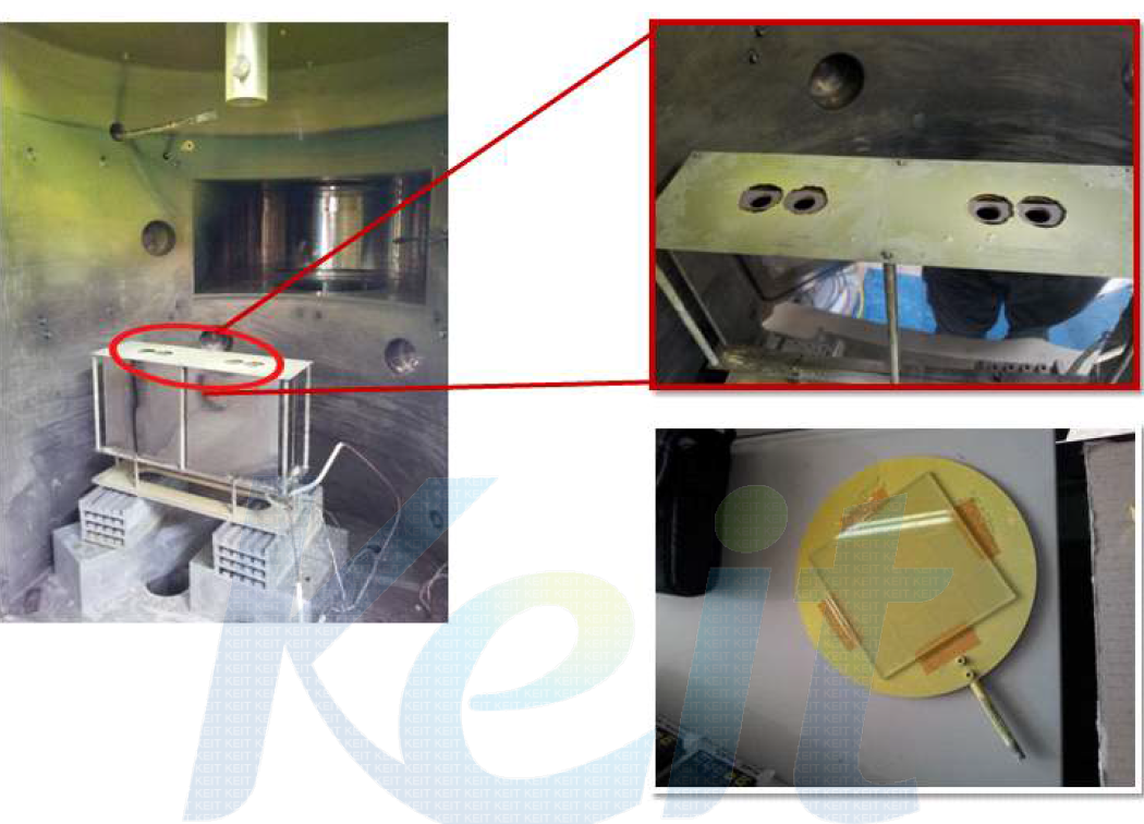 실험에 사용한 evaporator 내부 이미지, 500cc Effusion Cell 및 1000×1000 mm2 FTO/glass 기판위에 증착된 Alq3 sample 이미지.