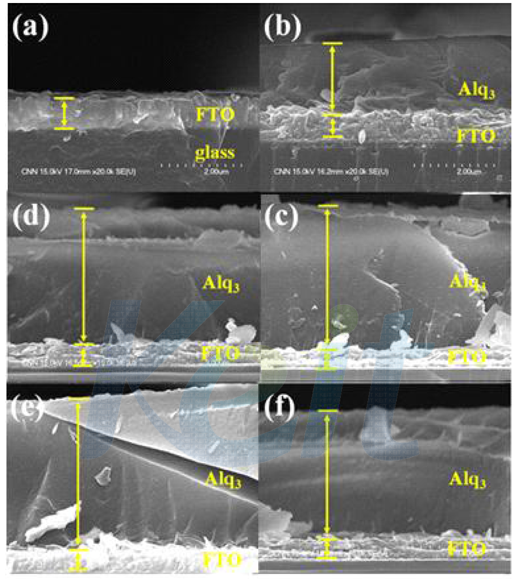 500cc Effusion Cell로 FTO/glass 기판위에 증착된 Alq3 유기물에 대한 SEM 단면 이미지