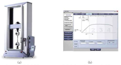 실험 장비 이미지 (a) AG-100kN 시험 장비 (b) 제어 프로그램 화면