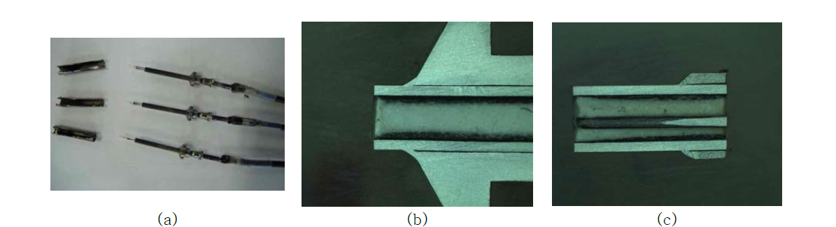 파괴 시험 결과 (a)소자 및 리드선 연결 부 확인 (b)링 용접부 (c)스리브 용접 부