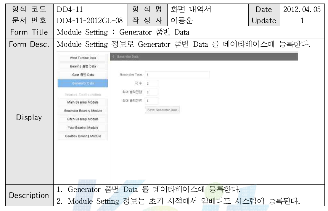 Module Setting의 Generator 품번 Data에 대한 화면 내역서