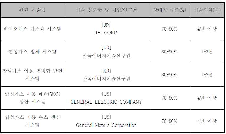 고부가 Syngas 제조용 바이오매스 가스화 설비 핵심 기술별 기술수준 분석