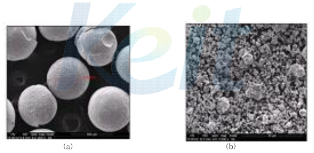 SEM 사진 : (a) 볼 부분, (b) Sn/Ni 분말