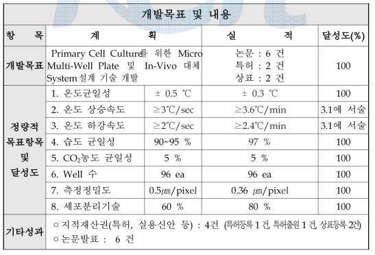 개발 목표 및 실적 요약표