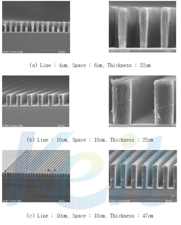 미세 패턴의 SEM 이미지(Aspect Ratio 2.2 : 1 ~ 4.7 : 1)