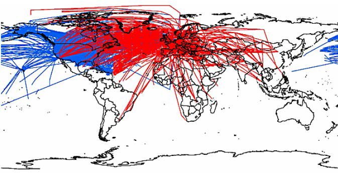 미국의 레이더 데이터(ETMS – 파란색)와 유럽의 비행 계획 데이터 (AMOC – 빨간색)의 차이를 나타내는 그림(4-5-6/10/2000)