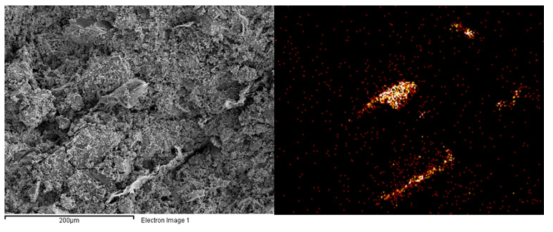 SEM photograph and carbon ion mapping for pellet of Hydralloy C with flake ENG