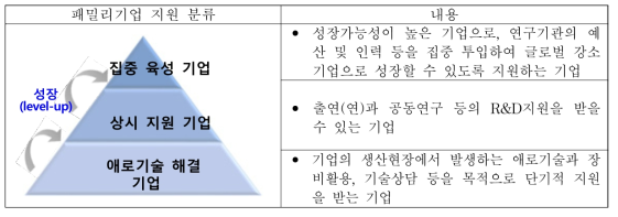 패밀리기업 지원 분류 및 지원 내용