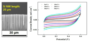 20 μm 길이의 실리콘 나노선 전극의 SEM 사진 (좌) 및 나노선 전극의 순환 전압 전류 곡선 (우) 분석 결과