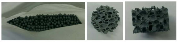 SiC계 SCR 촉매 성형체 : bead(좌), foam 상단 (중), foam 측면 (우)