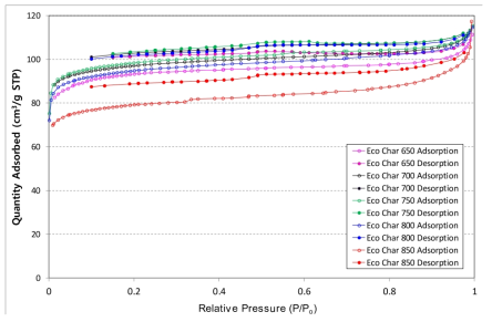 열분해된 Eco coal에 대한 Relative pressure vs. volume adsorbed