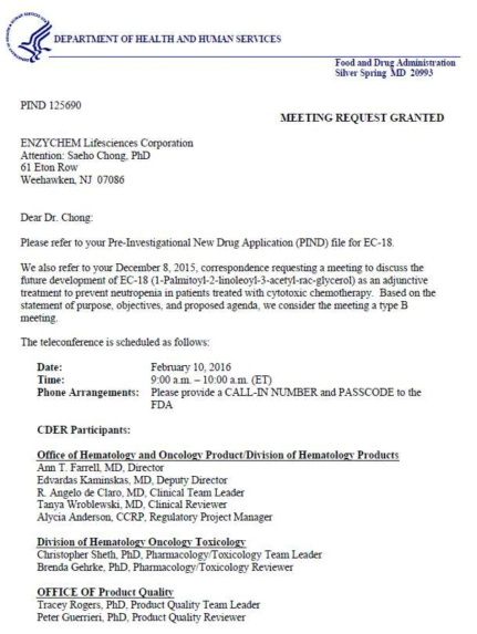 The official letter for US FDA’s notification of acceptance of our request for a meeting referring to the Pre-IND filing for EC-18 Phase I study in US