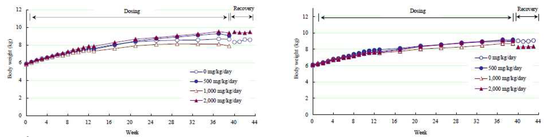 Changes in body weights of male (left) and female (right) dogs following a 39-week once-a-daily oral dose of EC-18