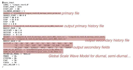 TIE-GCM input file 예. 공간 해상도, 초기조건 파일 (primary file), 날짜, 결과 파일 (output file), 계산 파라미터 (이온, 전자, 바람속도 등), 태양활동 등을 기입한다.