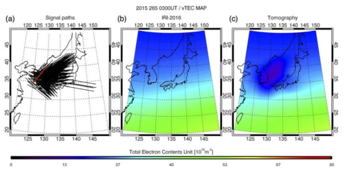 대한민국 전지구 위성항법 시스템 네트워크를 활용한 전리층 전자밀도 토모그래피 (Tomography reconstruction of ionospheric electron density using Korea GNSS permanent network) 계산 결과.