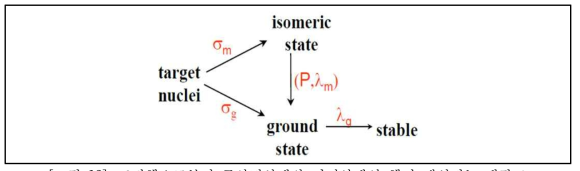 표적핵으로부터 준안정상태와 기저상태인 핵이 생성되는 개략도