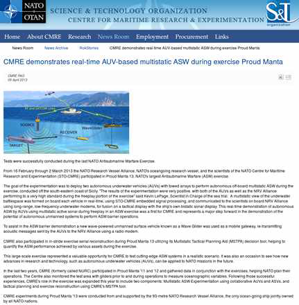 News article on CMRE real-time bistatic sonar demonstration