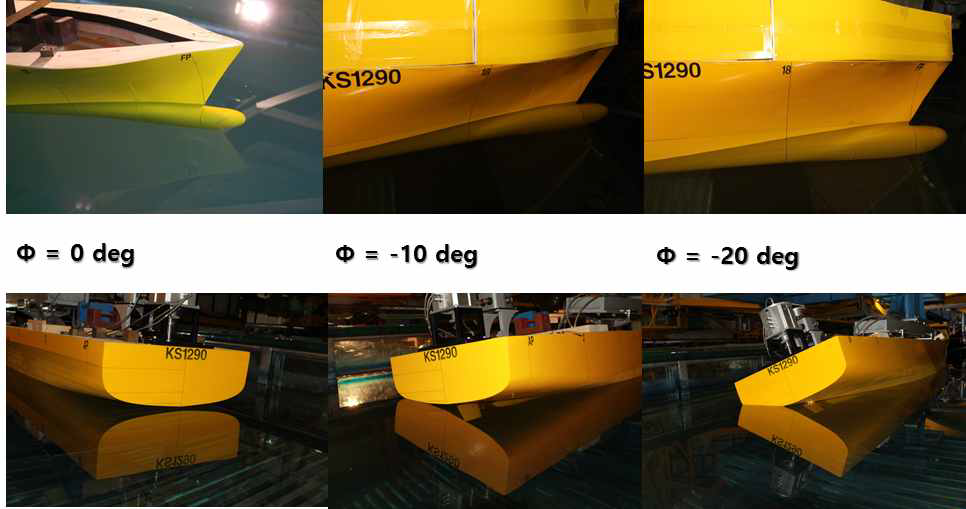 Photograph of model ship at heel conditions of 0o, -10o, and -20o