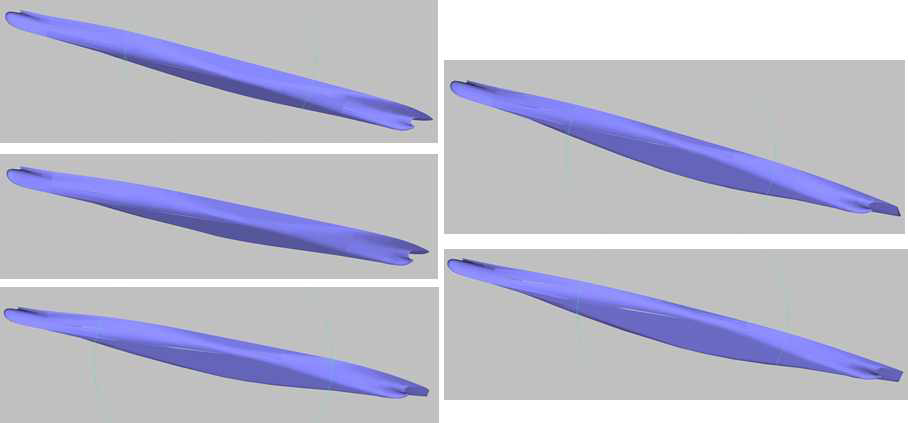 3-D models of underwater hull at heel conditions of 0o, 5o, 10o, 15o, and 20o