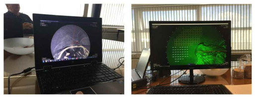 레이다 탐지 유출유 정보 출력 화면(좌), 유출유 확산예측 시스템 연계를 위한 자료 출력 화면(우)