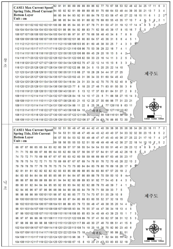 Tidal current velocity distribution (high tide, bottom layer)