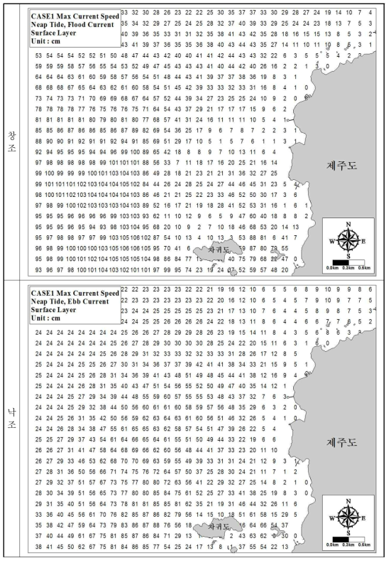 Tidal current velocity distribution (low tide, surface layer)