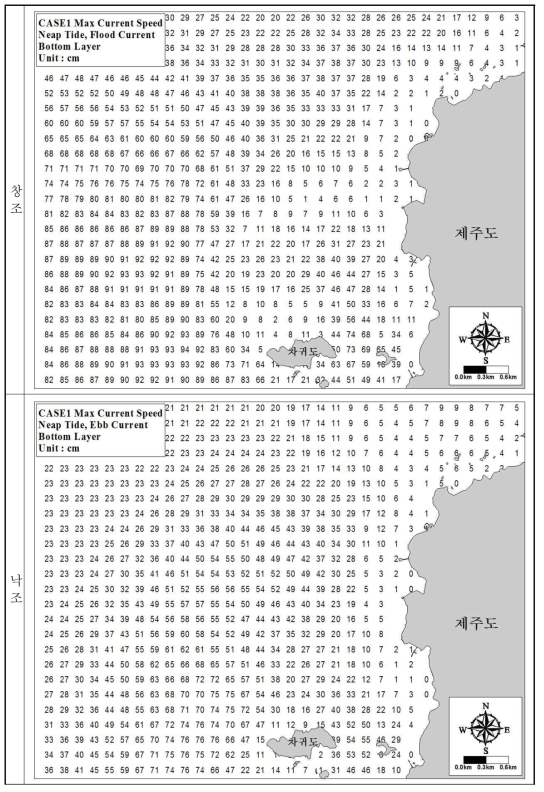 Tidal current velocity distribution (low tide, bottom layer)