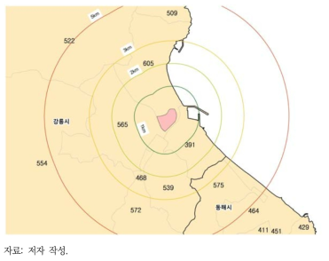 옥계 일반산업단지 주변 반경 1~5km 내의 집계구 현황(축적 1:50,000)