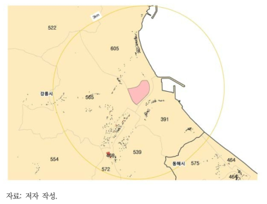 옥계 일반산업단지 주변 반경 3km 내의 집계구 및 주택 현황