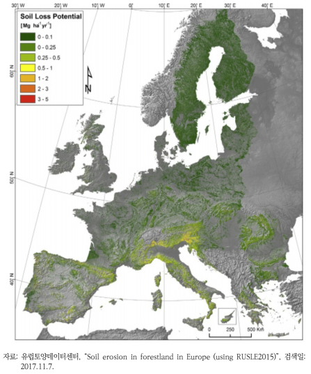EU 전체 경작지의 지역별 평균 토양침식률