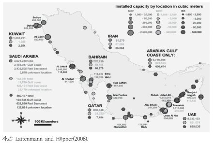 Arabian Gulf 주변국의 해수담수화 플랜트 시설 및 용량
