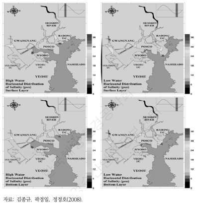하계 시 염분 분포 표층(상), 저층(하)