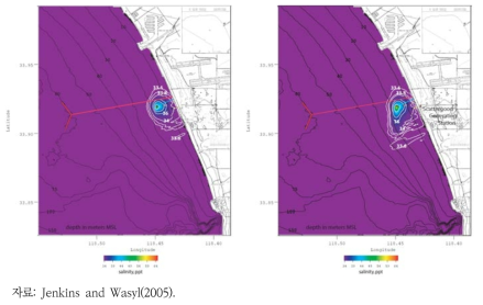 1마일 떨어진 배출구를 통해 배출되는 최악의 시나리오의 저층 염분농도(25mgd(좌), 50mgd(우))