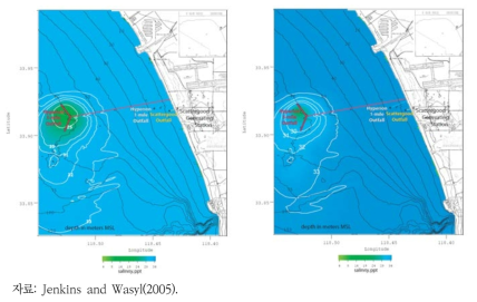 5마일 떨어진(수온약층 10m 지점) 배출구를 통해 배출되는 염분농도(352mgd 발전소 배출수(좌), 50mgd로 처리된 발전소 배출수(우))