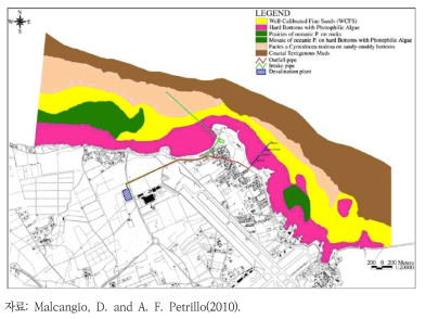 연구 해역(Brindisi)의 생물군집 및 담수유출입구 계획 위치도