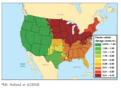 미국내 전기자동차의 지역별 환경피해비용