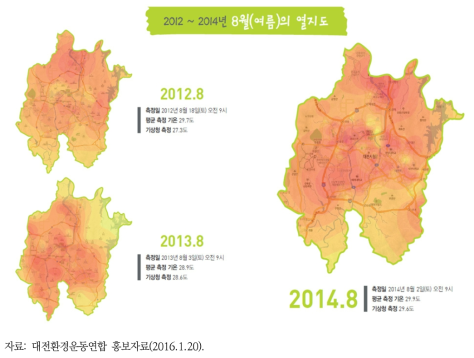 2012~2014년 8월의 대전의 열지도 변화