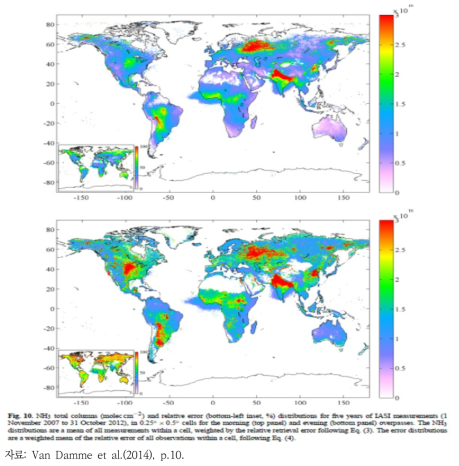 전 세계 암모니아 농도분포(’07년 11월~’12년 10월 위성측정)