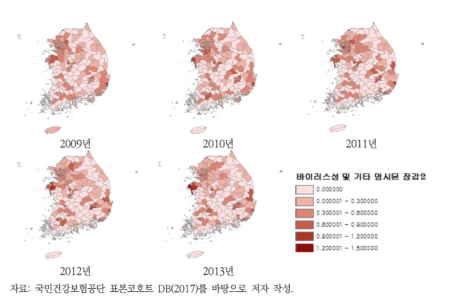 바이러스성 및 기타 명시된 장감염 질환에 대한 인구 천 명당 발생 건수