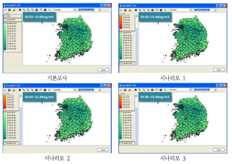 시나리오별 초미세먼지(PM2.5) 농도 분포