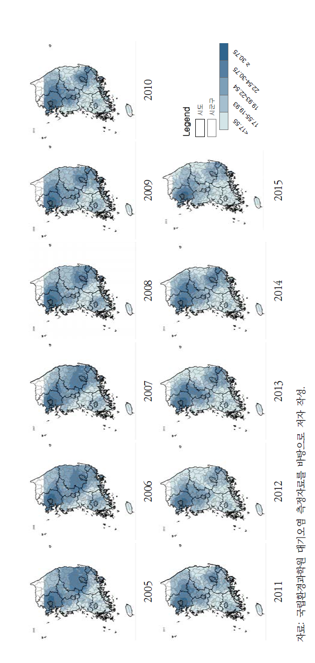 2005~2015년 지역별 이산화질소 농도 분포