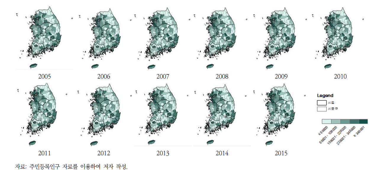 2005~2015년 지역별 전체 연령 분포(주민등록인구 자료)