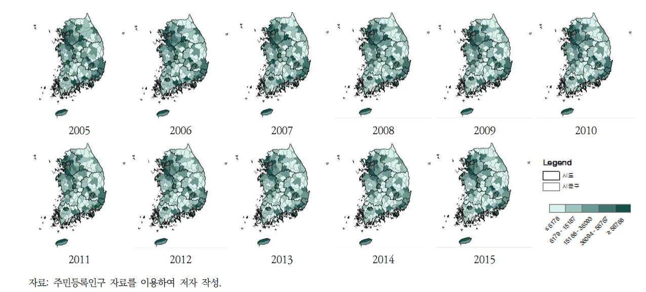 2005~2015년 지역별 15세 미만 연령 분포(주민등록인구 자료)