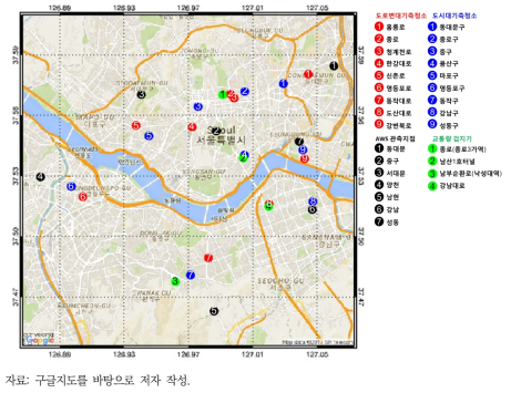 도로변대기측정소와 도시대기측정소, AWS 관측지점 그리고 교통량 검지기 위치